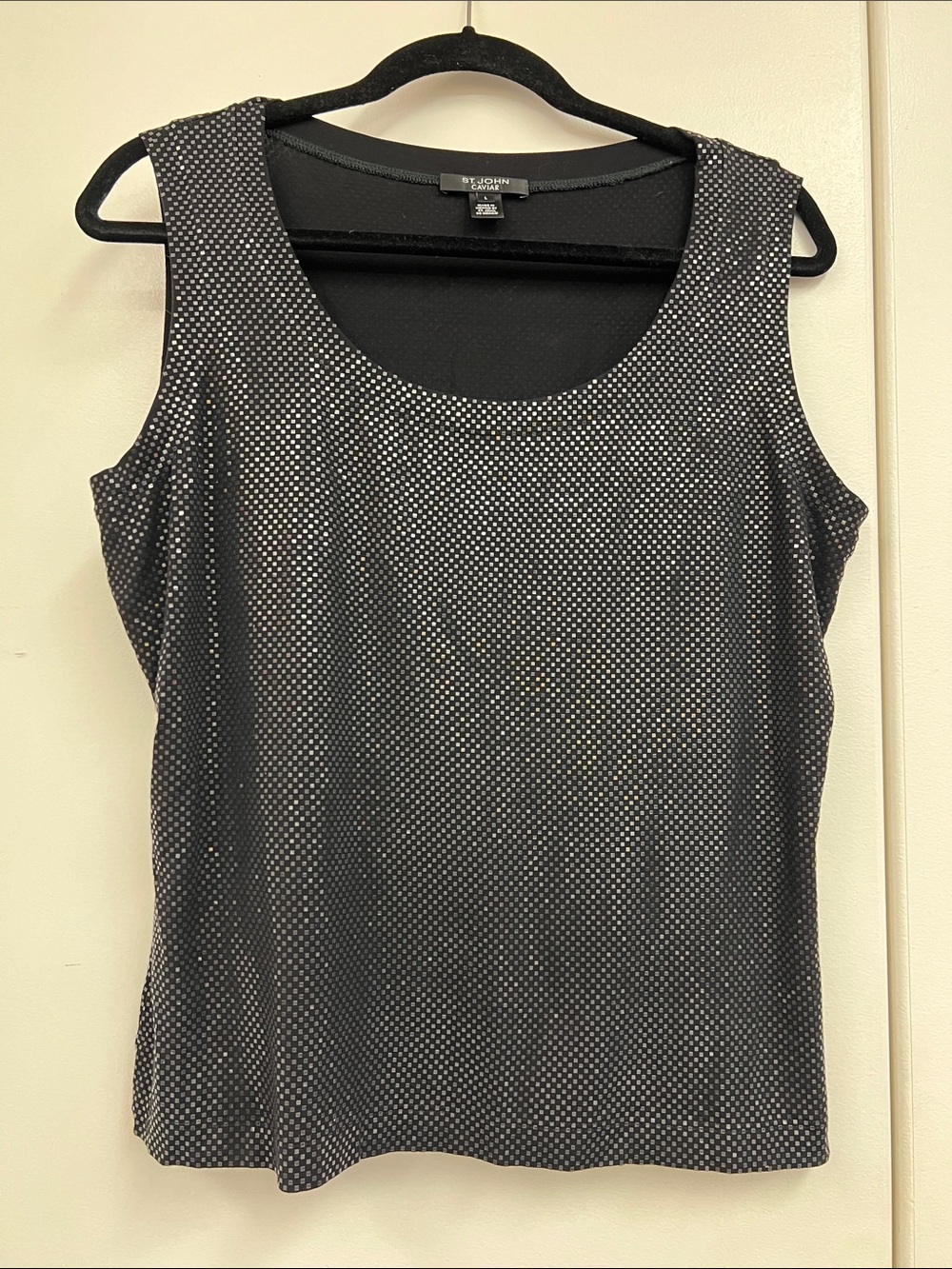 St. John Caviar Black Metallic Checkerboard Sleeveless Tank Top Party Shirt